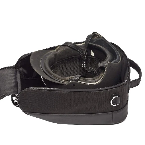 A black diving helmet bag and regulator set inside an open black carrying case, shown against a plain white background.