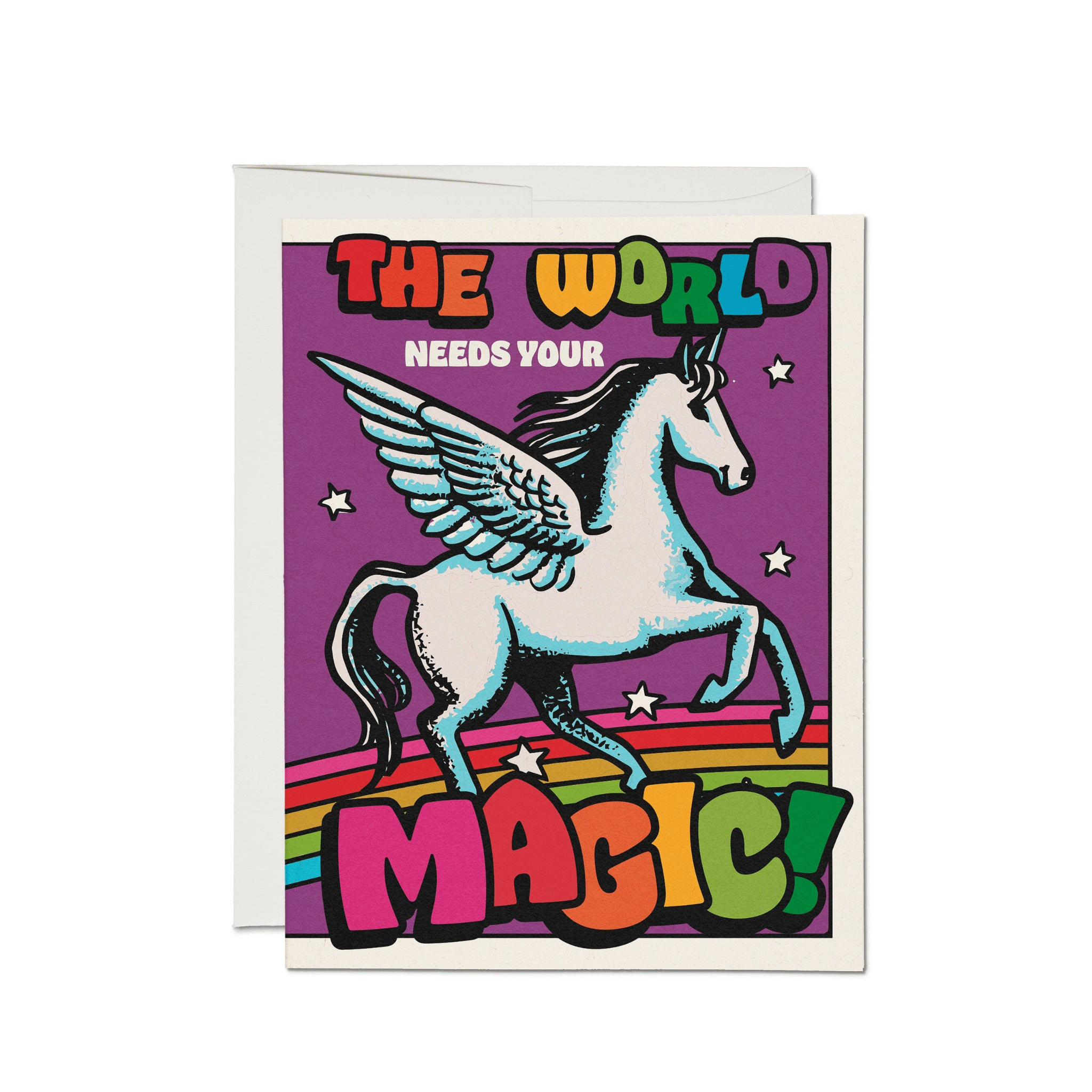 Greeting card with a unicorn illustration and text on a purple background