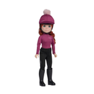 An LeMieux doll with long auburn hair wearing a magenta riding helmet with a pom-pom, a matching magenta long-sleeve top, black riding pants, and black riding boots, set against a plain white background.
