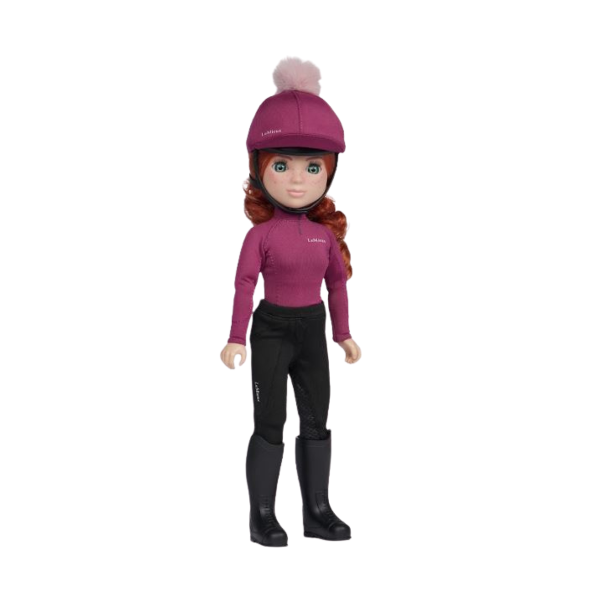 An LeMieux doll with long auburn hair wearing a magenta riding helmet with a pom-pom, a matching magenta long-sleeve top, black riding pants, and black riding boots, set against a plain white background.