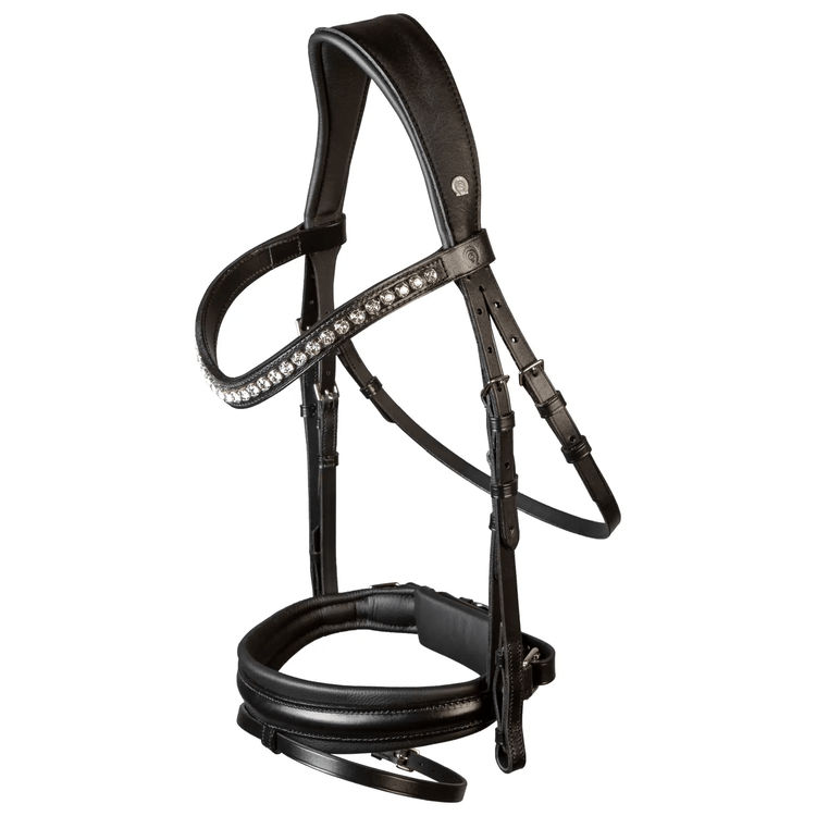 Elegant black horse bridle with rhinestone details on the browband.
