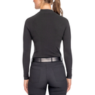 Rear view of a woman wearing a fitted black long-sleeve mock-neck top and black pants with a black belt, against a plain white background.