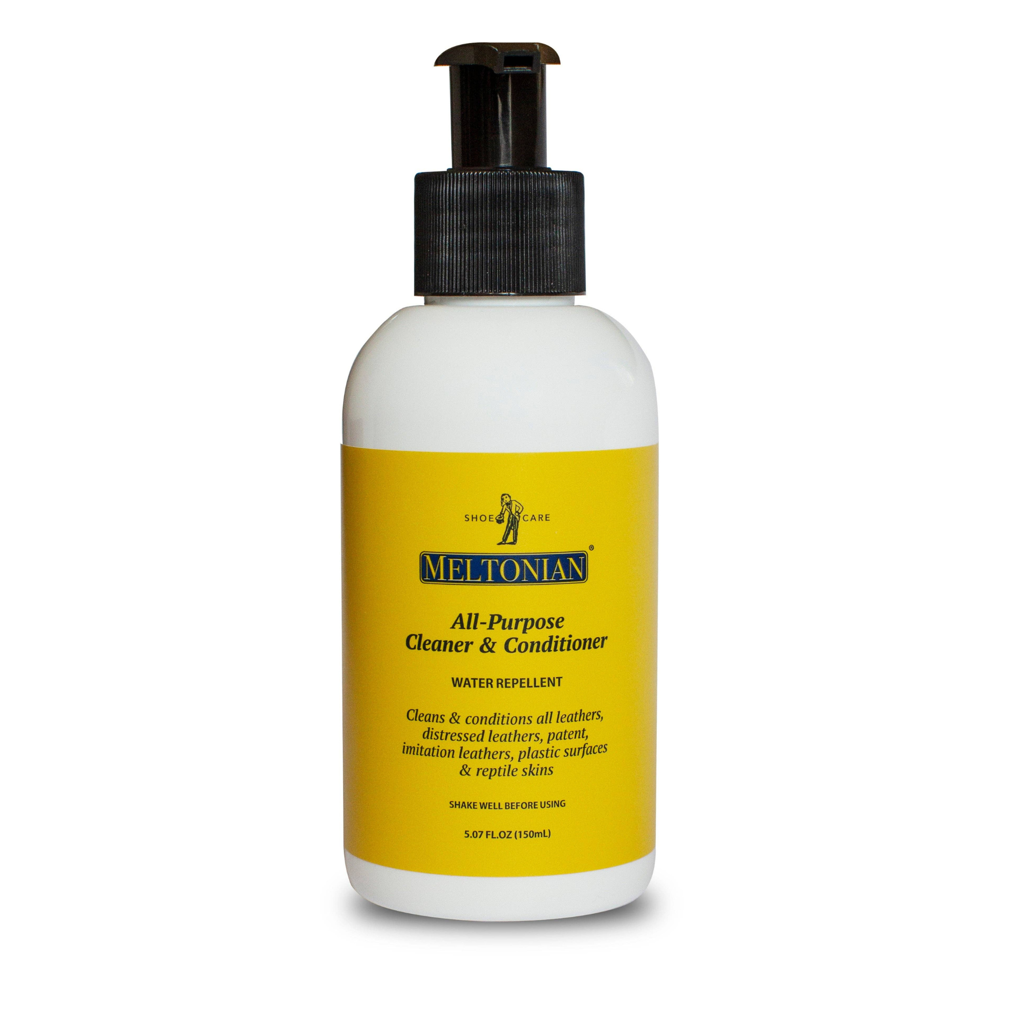 A white plastic bottle of Meltonian All-Purpose Cleaner & Conditioner with a black pump dispenser and a bright yellow label, shown on a plain white background.