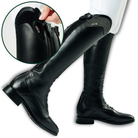Black riding boots with a close-up of a brand logo on a white background