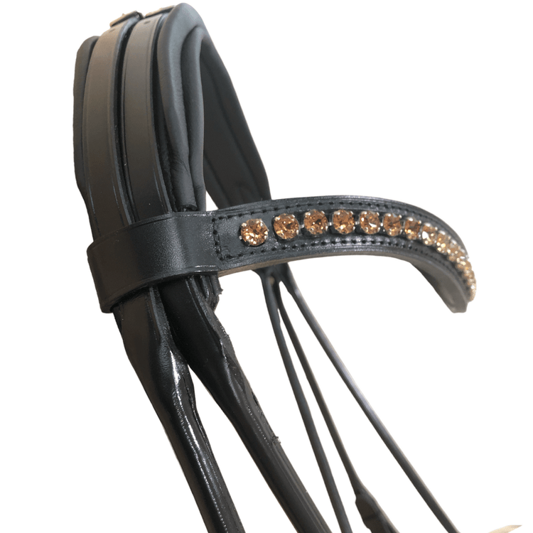 Close-up of a black leather bridle with decorative rhinestones.