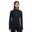 Woman wearing a black long-sleeve athletic top with a brand logo on a white background