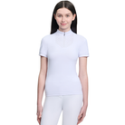 Woman wearing a light purple short-sleeve top and pants on a white background