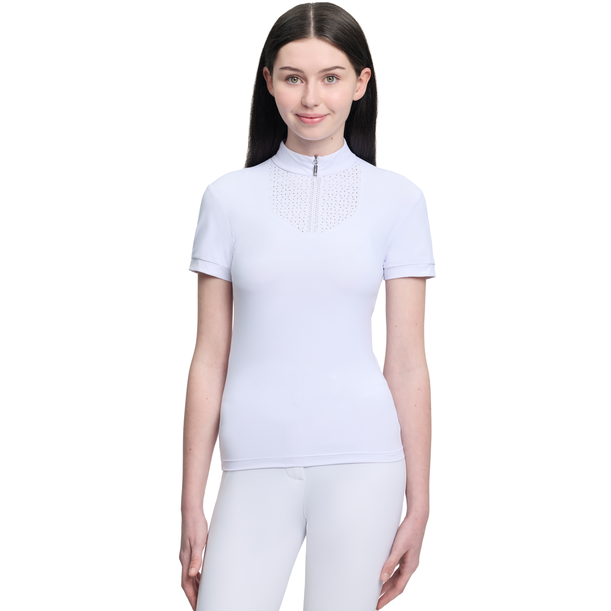 Woman wearing a light purple short-sleeve top and pants on a white background