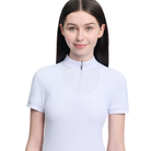 Woman wearing a light purple short-sleeve top with a zipper on a white background