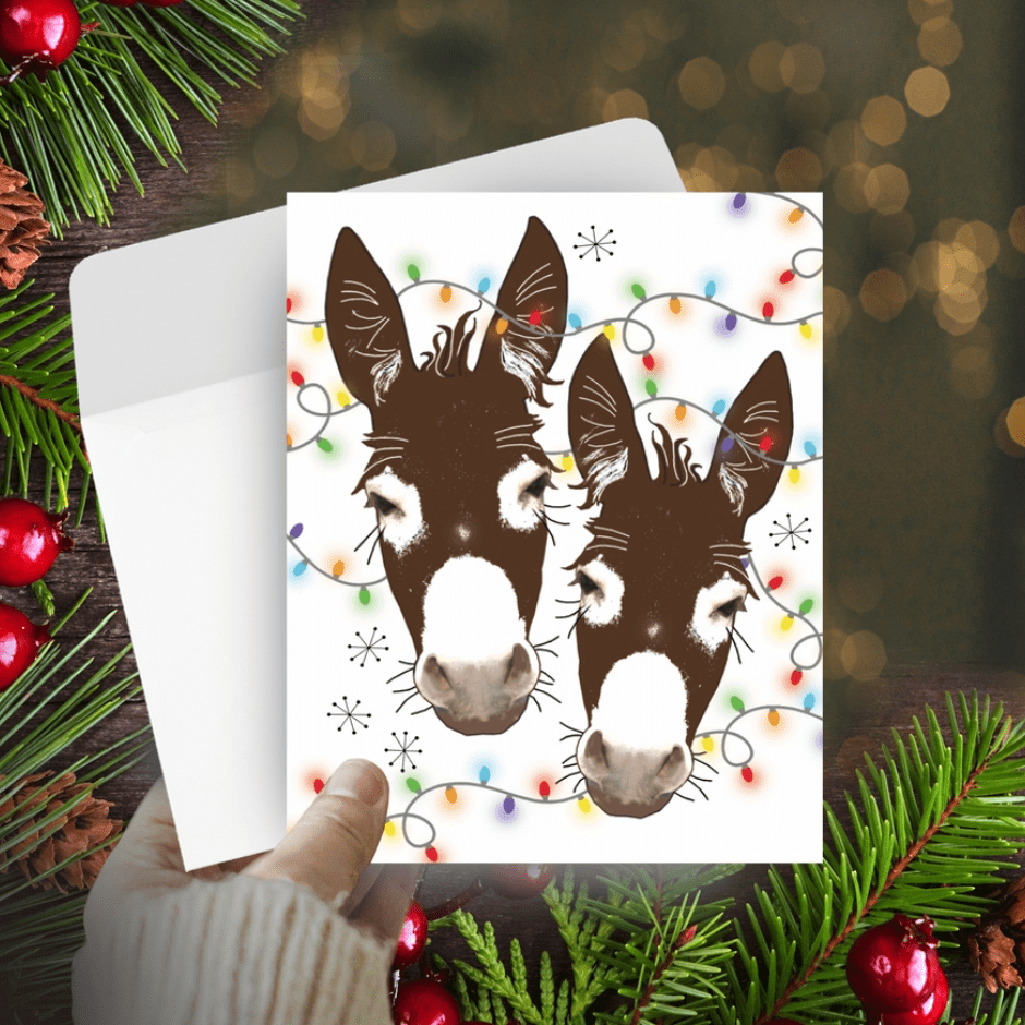 Christmas Card - Donkeys Wrapped In Lights