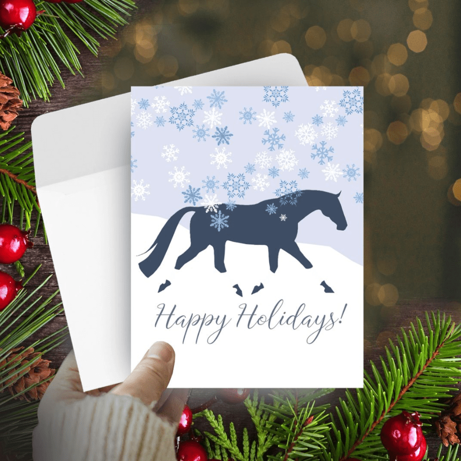 Christmas Card - Blue Snow Scene and Horse with Wraps