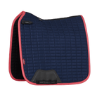 Navy saddle pad with pink border on a white background
