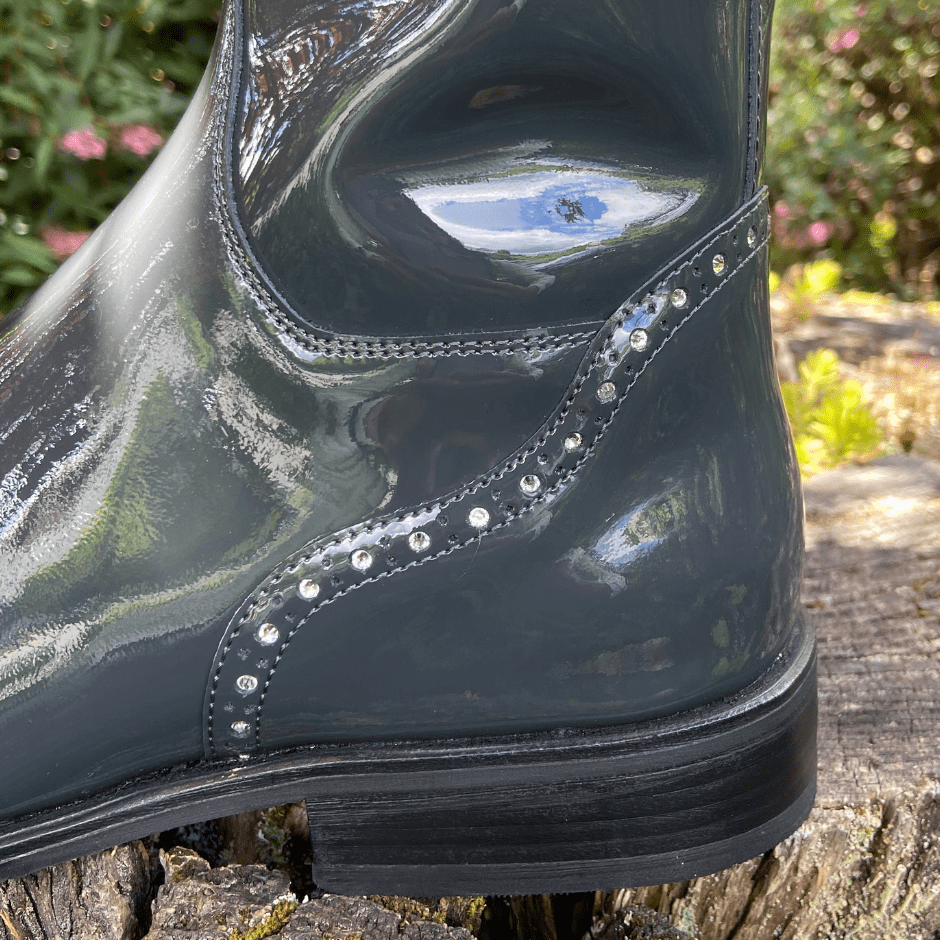 Custom DeNiro Bellini Dressage Boot - Gray Patent with Rondine & Swarvoski