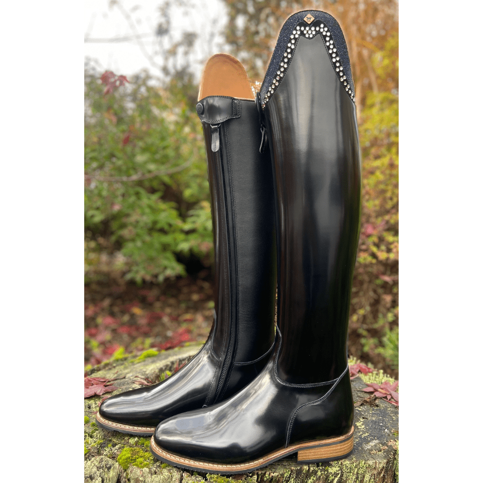 Custom DeNiro Raffaello Dressage Boot - Brushed Black with Stardust Blue & Swarovski Rondine