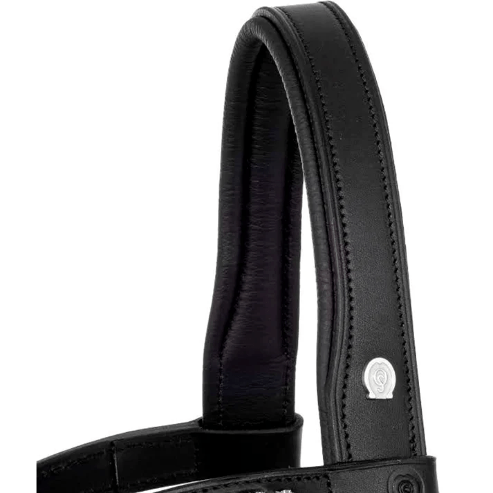 Close-up of a black padded leather bridle with a silver logo.