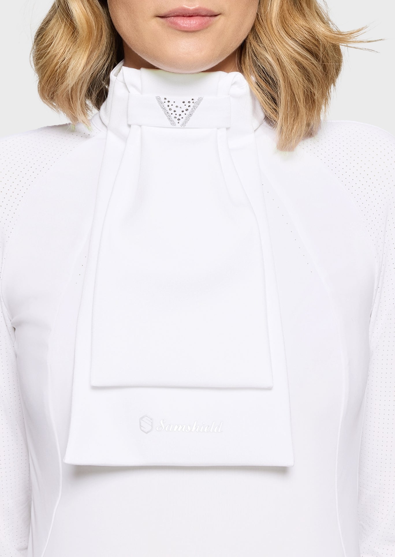 White jacket with a brand logo on a white background