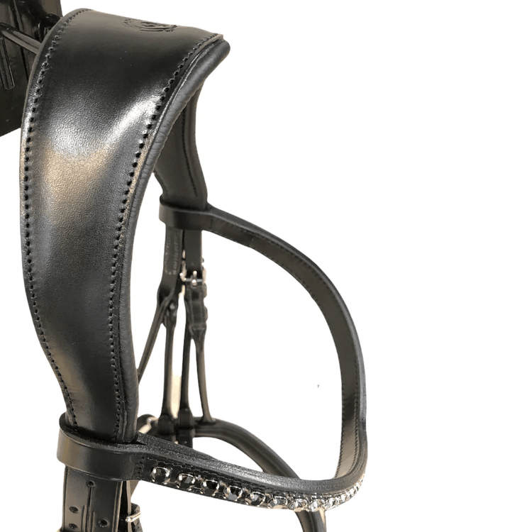 Close-up of a black leather horse bridle with decorative stitching.