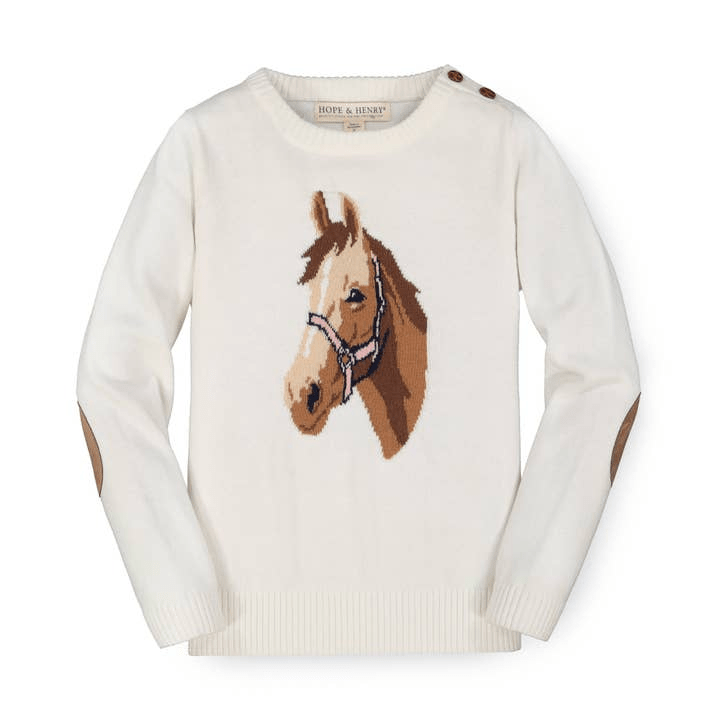 Hope & Henry Junior Horse Intarsia Pullover Sweater - Soft White