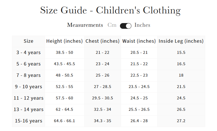 Junior Size Guide