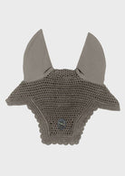 A gray knit horse ear cover with solid gray fabric ears and a textured knit body, shown against a light gray background.