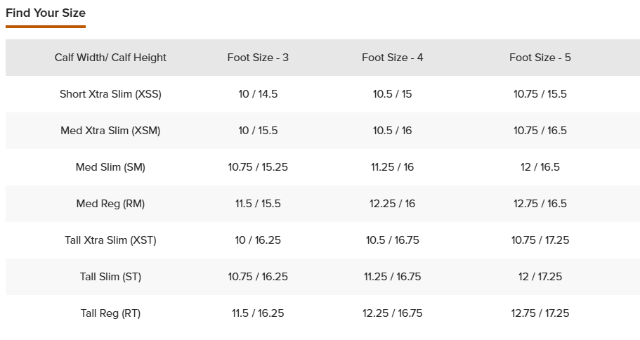 Table for finding shoe size based on calf width and height