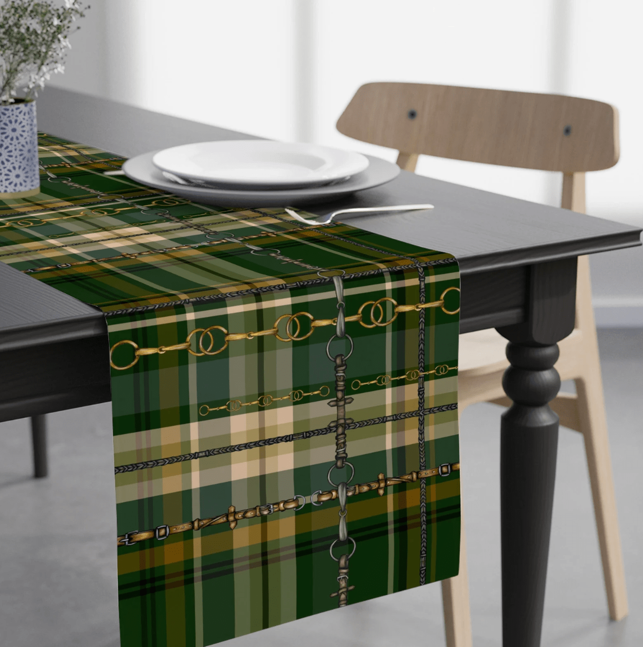 Hunter Green Plaid Bit & Rein Motif Equestian Table Runner