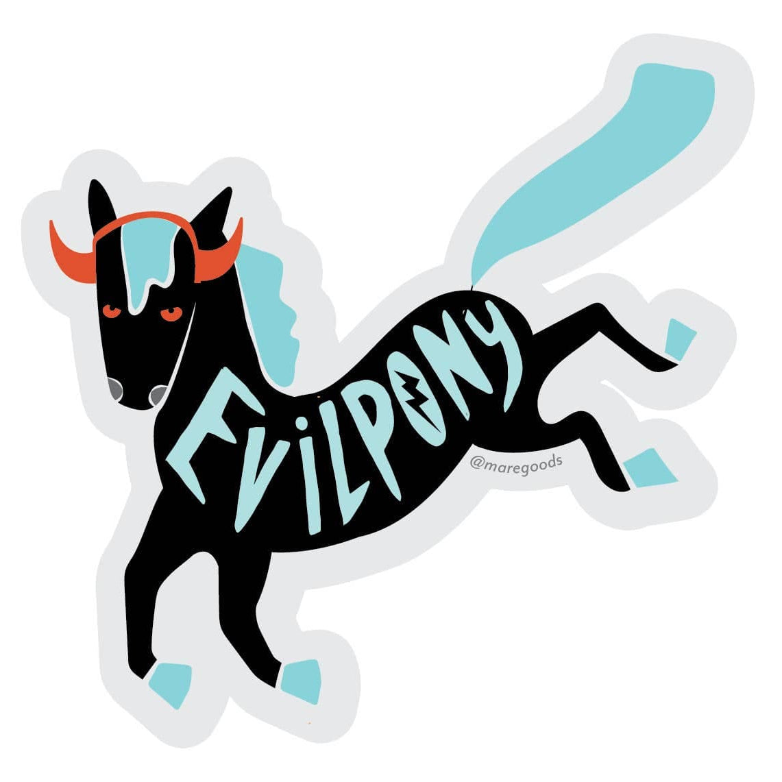 Sticker of a black pony with red horns and blue accents, labeled 'Evilpony'.