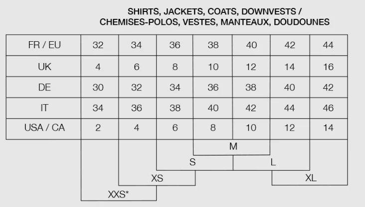 Samshield Ladies size chart