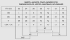 A size conversion chart for shirts, jackets, coats, down vests, chemises-polos, vestes, manteaux, and doudouines, showing measurements in French/EU, UK, DE, IT, and USA/CA for sizes XS through XL and M.
