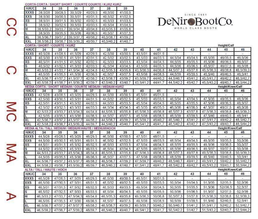 Measurement chart for boots with DeNiro Boot Co branding