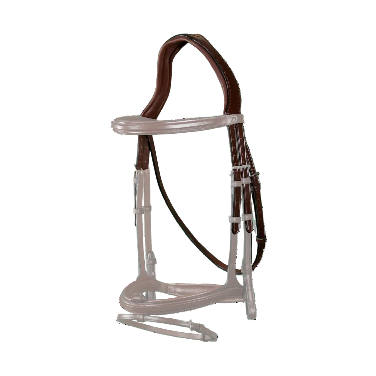 Brown and clear horse bridle on a white background