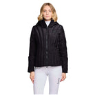 A woman modeling a black hooded quilted jacket with a front zipper, paired with white leggings, against a light gray studio background.