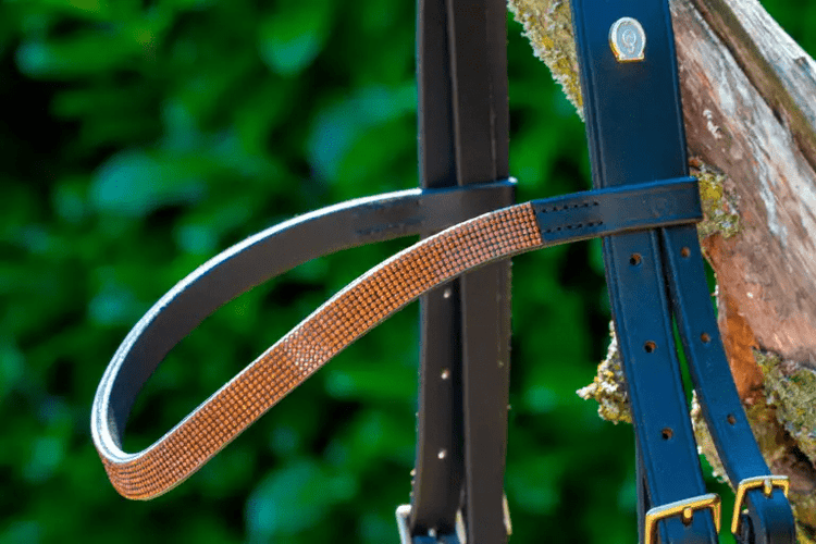 A horse bridle with a decorative strap hanging on a wooden post.
