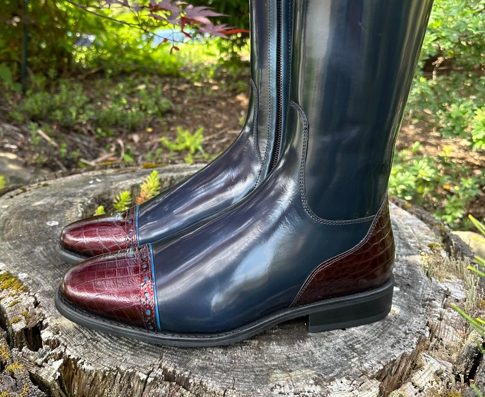 Custom DeNiro Bellini Dressage Boot - Brushed Blue & Cocco Bordeaux Uptop & Ramses with Fineline