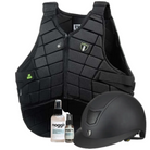 Black protective vest and helmet with grooming products on a white background