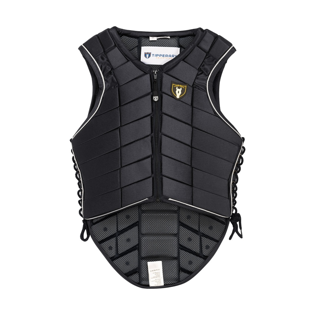 Black protective vest with a brand logo on a white background