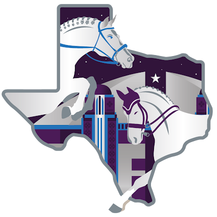 Map of Texas with horses and a flag on a white background