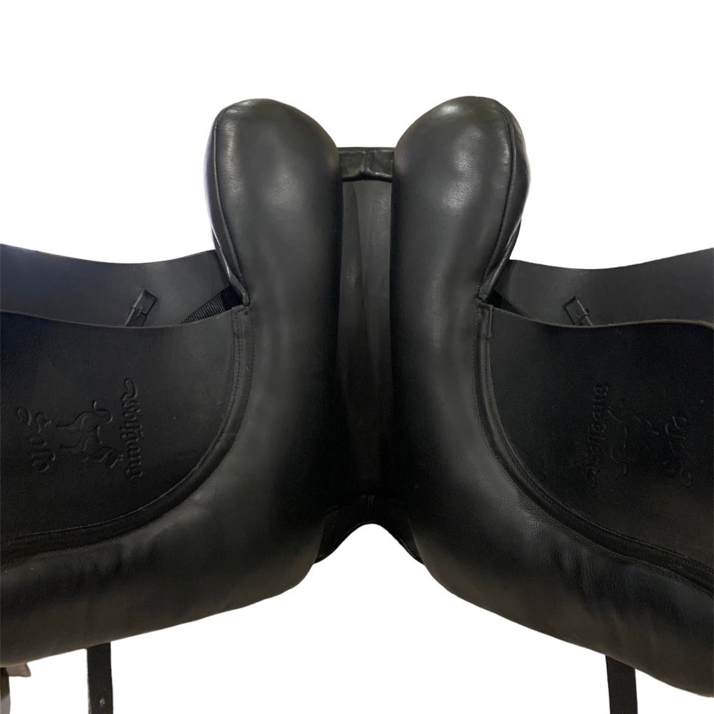 Black saddle against a white background