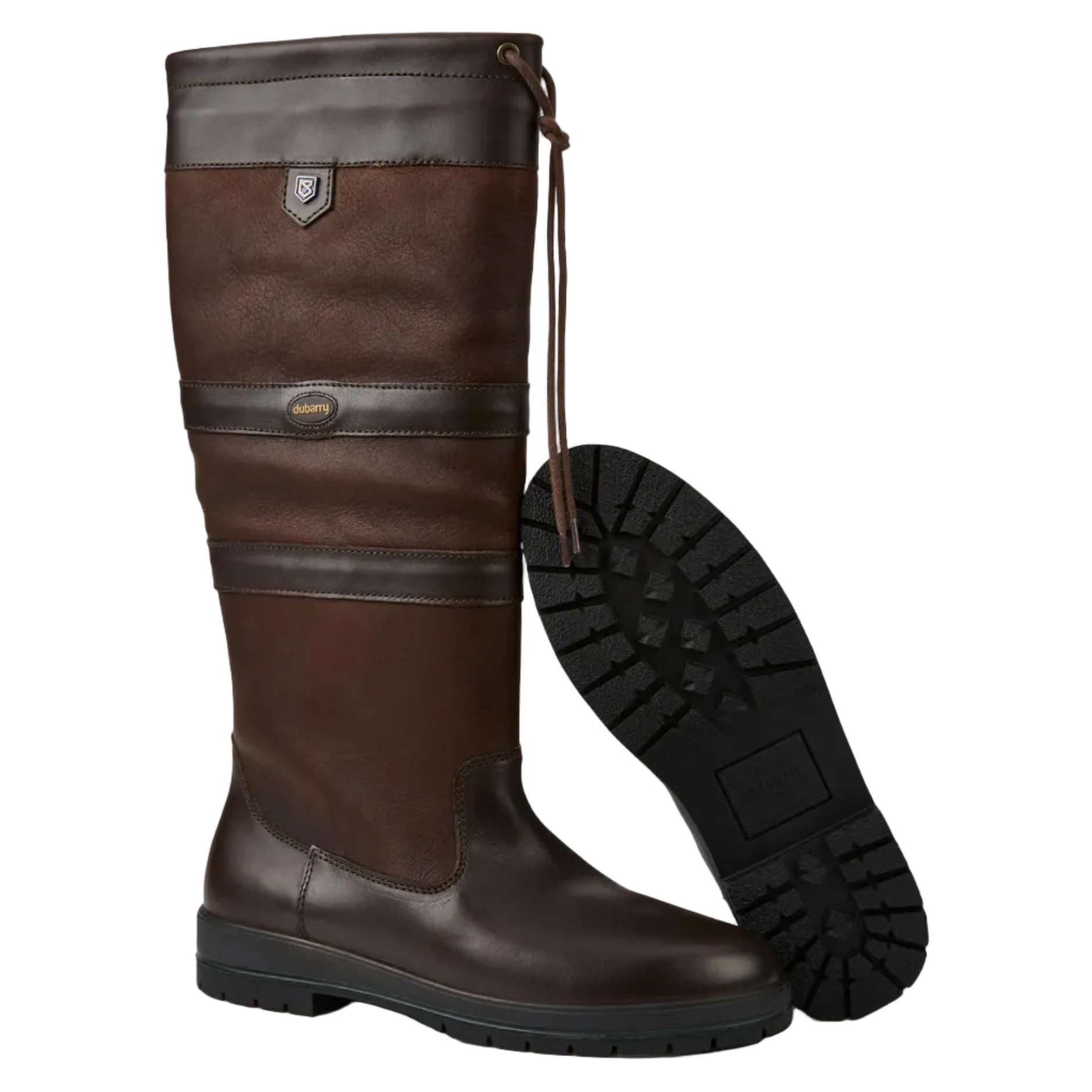 Brown leather boot with a visible brand logo on a light gray background