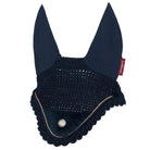 A navy blue horse ear bonnet with a knit mesh body, velvet ear covers, a scalloped trim, and a small red brand tag on the side, shown against a light gray background.