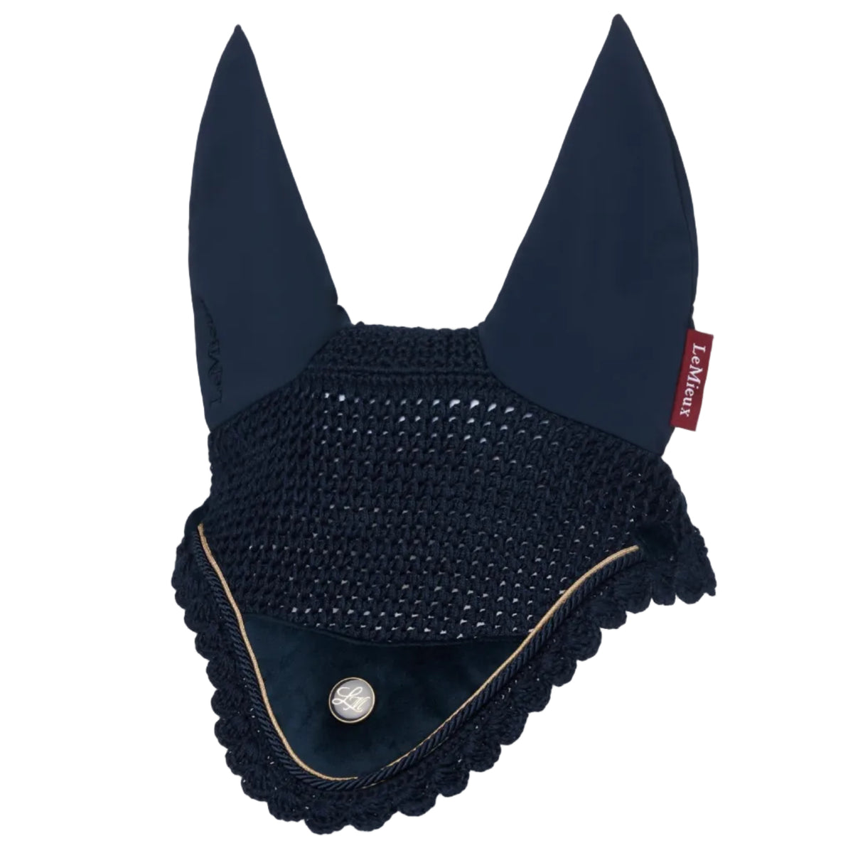 A navy blue horse ear bonnet with a knit mesh body, velvet ear covers, a scalloped trim, and a small red brand tag on the side, shown against a light gray background.