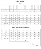 A black and white size chart sheet for clothing, showing measurements for men in centimeters and inches for chest, waist, and hips. It includes a section for breeches and a section for shirts, jackets, coats, and down vests, with a size guide at the bottom.