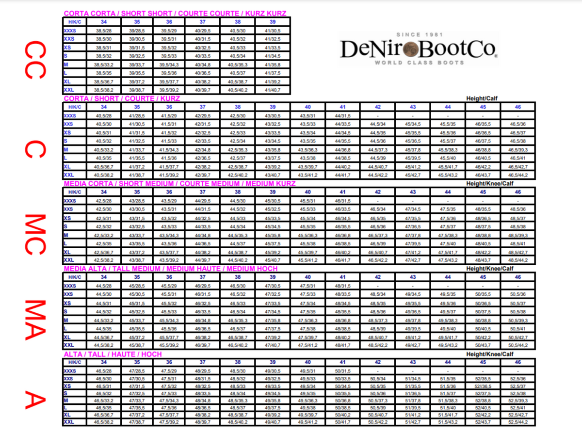 DiNiero Size Chart