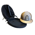 A silver glitter equestrian riding helmet with a beige brim sits next to its open black hard carrying case on a concrete floor in a store.