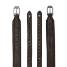 Two brown leather straps with metal buckles on a white background