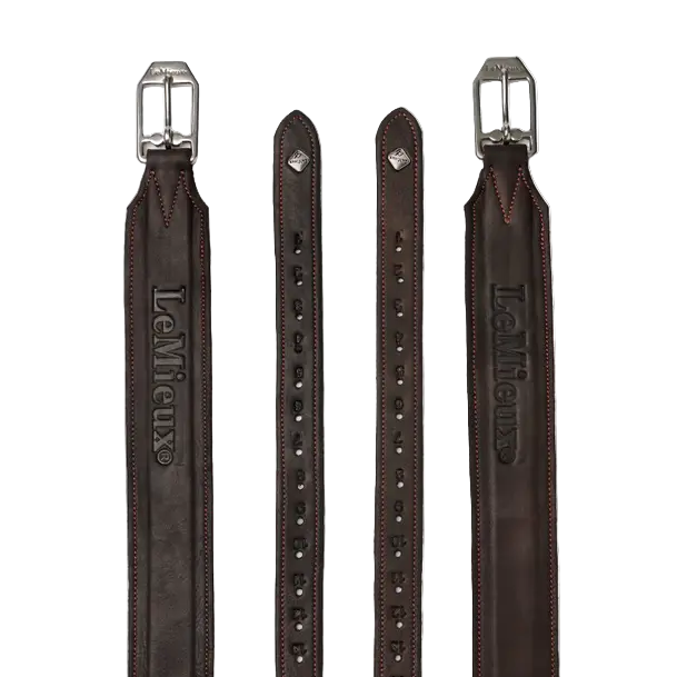 Two brown leather straps with metal buckles on a white background