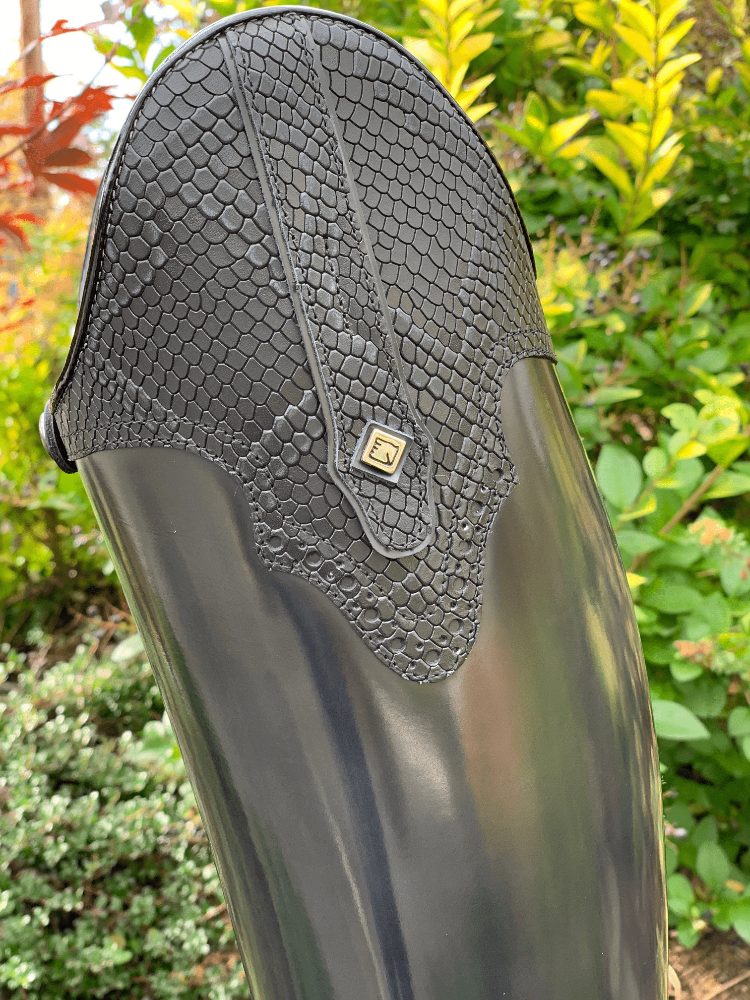 dressage riding boot on stump grey leather with black patent and black python details