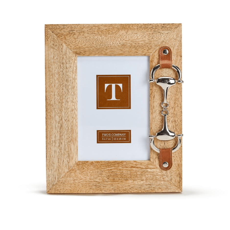 Wooden photo frame with a silver snaffle bit detail on the right side. 