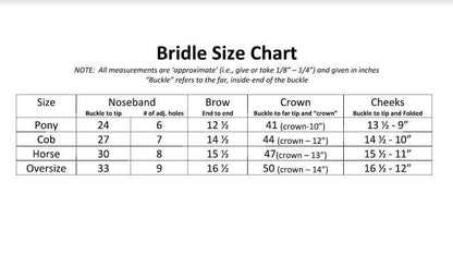 edgewood bridle size chart