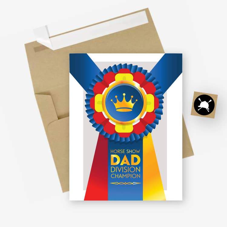 WHITE CARD AND BROWN ENVELOPE. CHAMPION RIBBON WITH HORSE LOGO AND LABELED HORSE SHOW DAD DIVISION CHAMPION